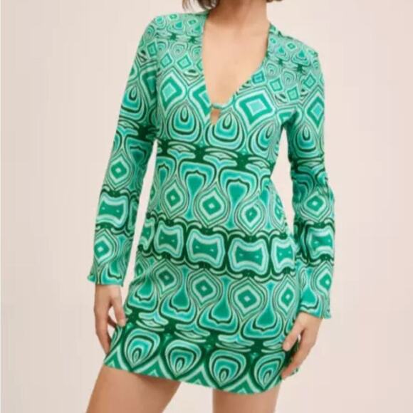 Mango retro green printed pattern dress longs sleeve 60s dress small - Picture 1 of 4